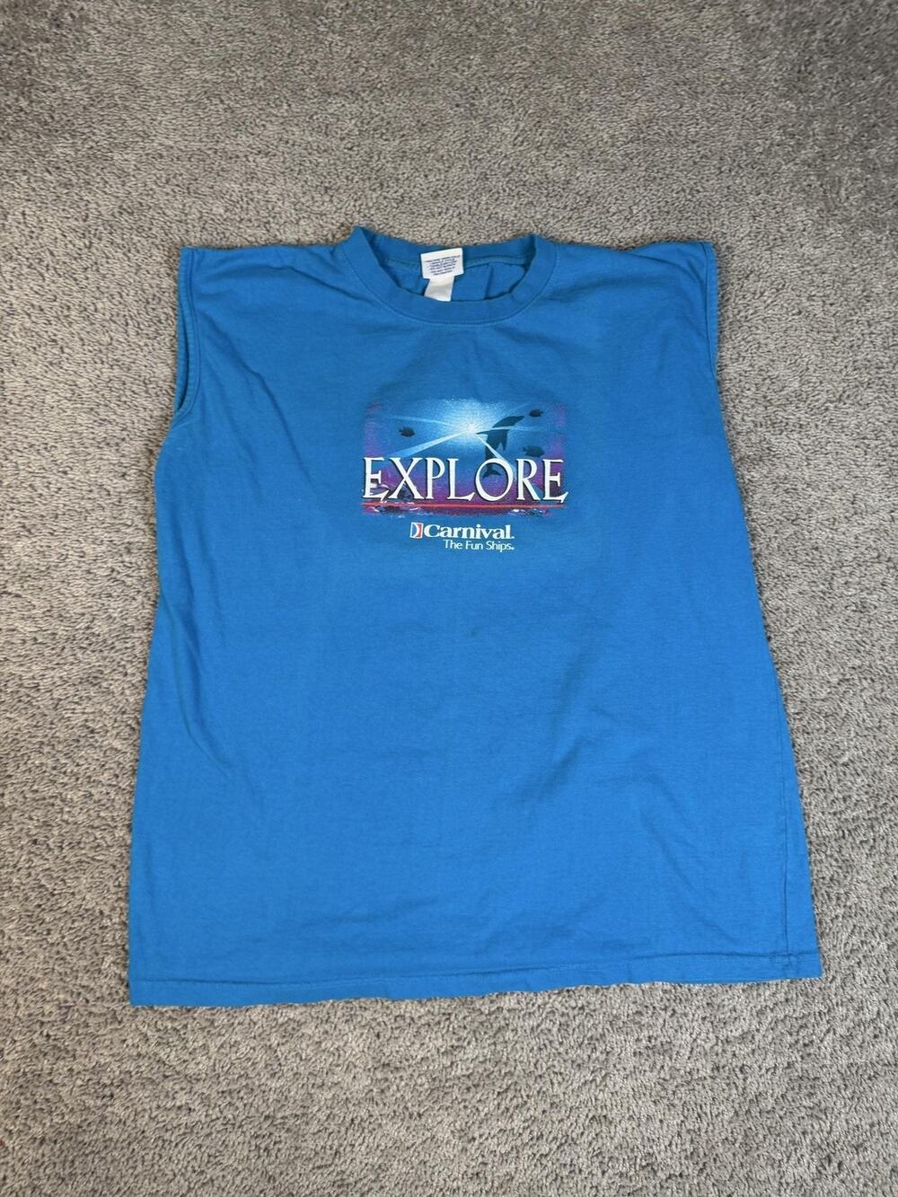 Carnival Shirt Mens XL Blue Explore Graphic Crew Neck Cotton Sleeveless